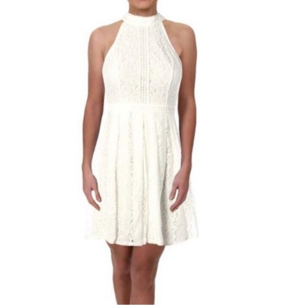 AQUA white lace overlay halter dress